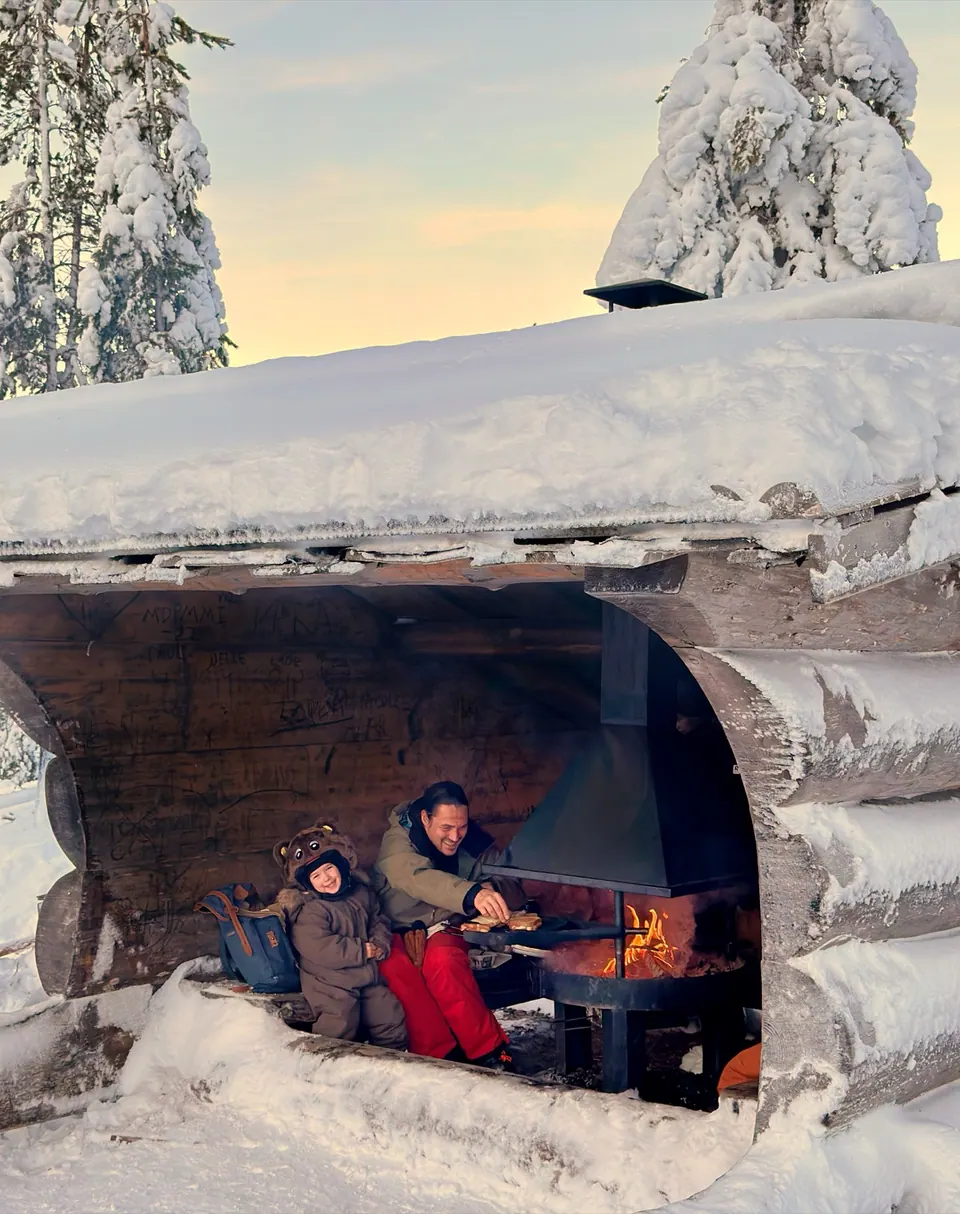 Campfire under a winter shelter
